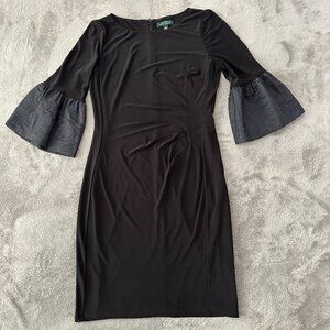 Lauren Ralph Lauren Black Bell Sleeve Dress Ruched Women's 6 Career Cocktail